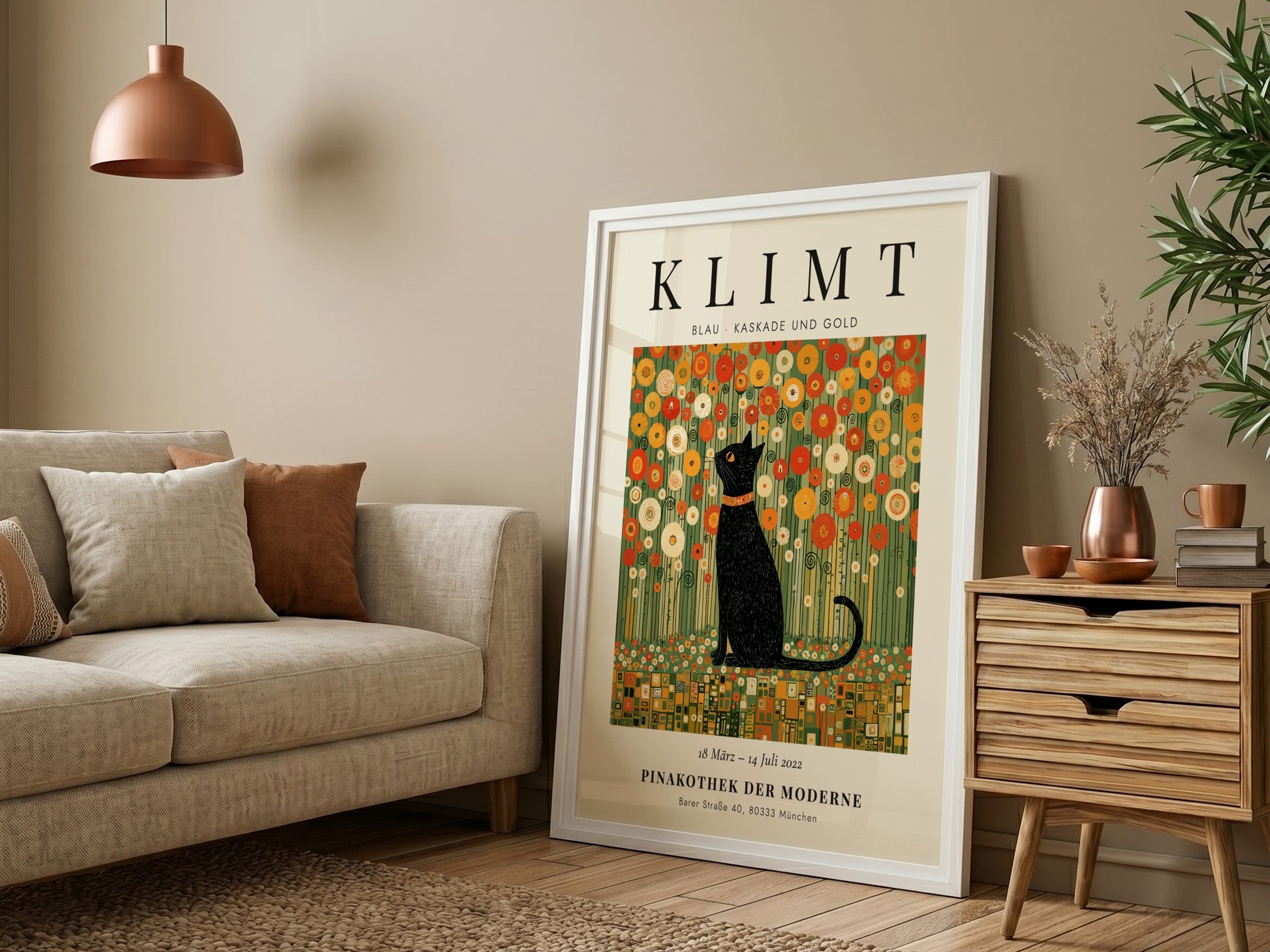 Poster featuring a black cat and golden flowers inspired by Gustav Klimt's style
