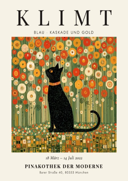 Poster featuring a black cat and golden flowers inspired by Gustav Klimt's style