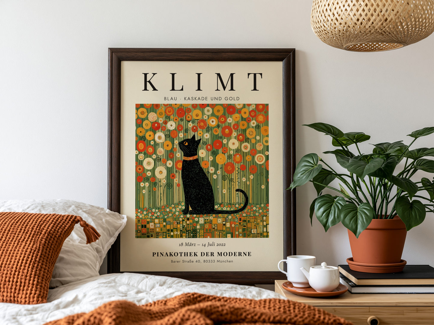Poster featuring a black cat and golden flowers inspired by Gustav Klimt's style
