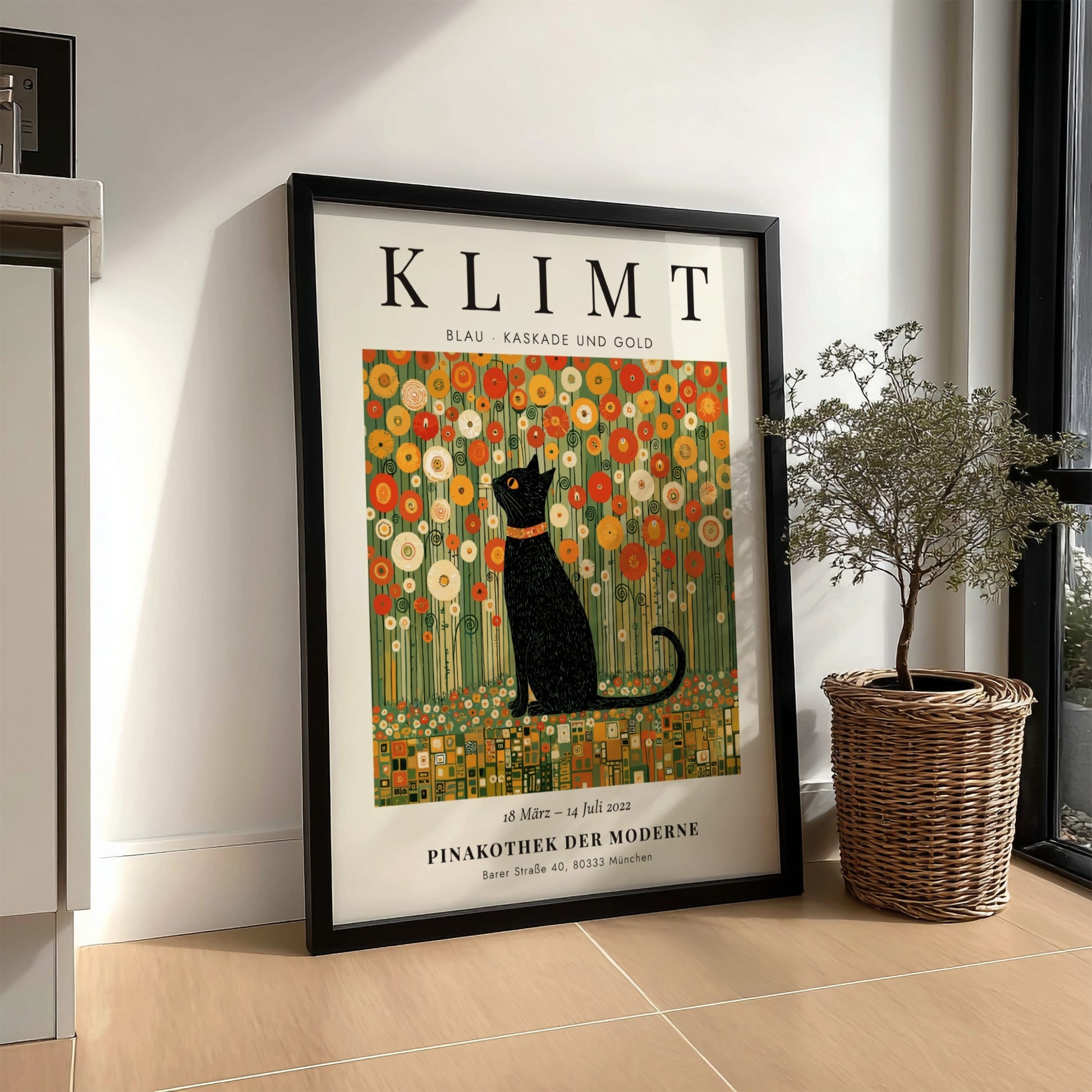 Poster featuring a black cat and golden flowers inspired by Gustav Klimt's style