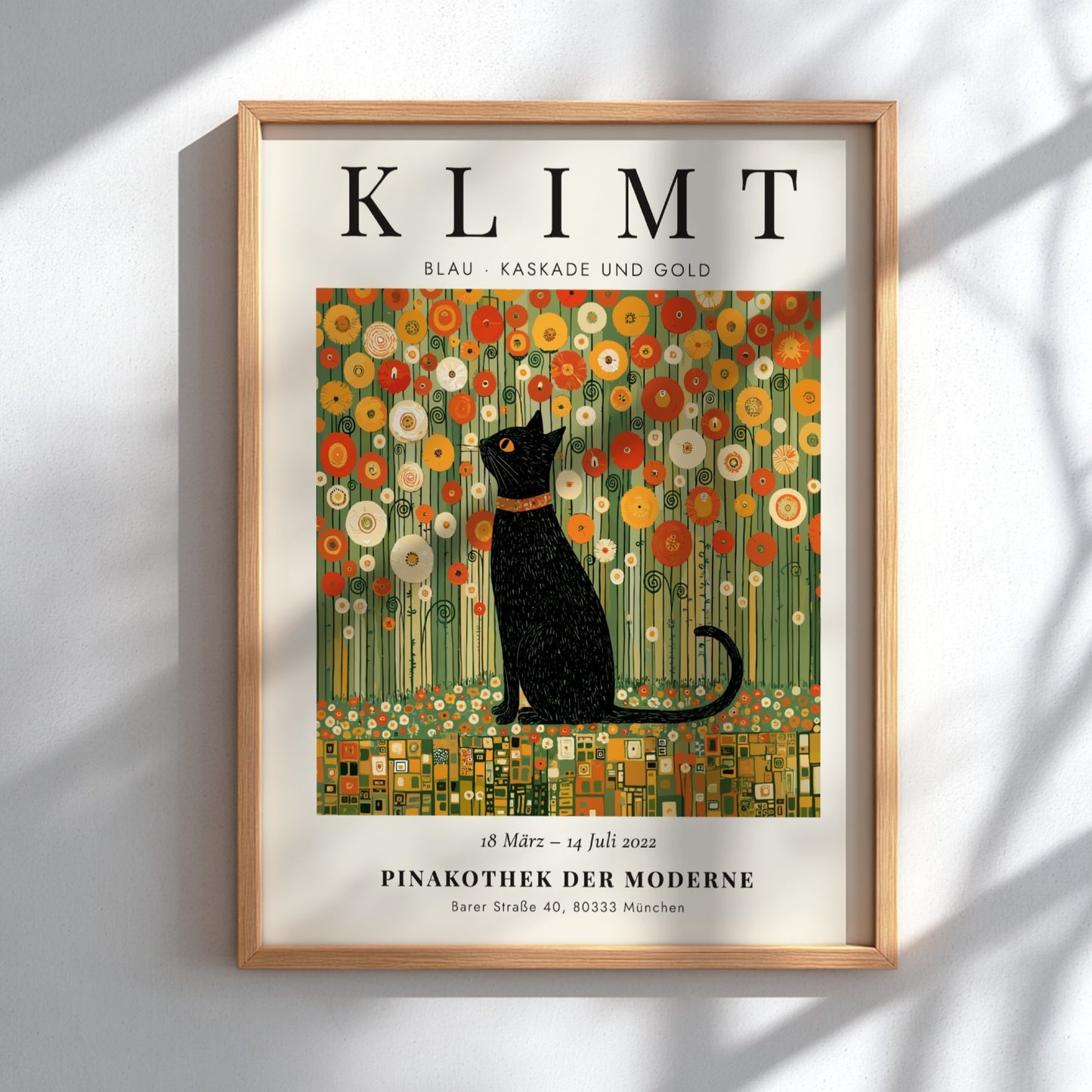 Poster featuring a black cat and golden flowers inspired by Gustav Klimt's style