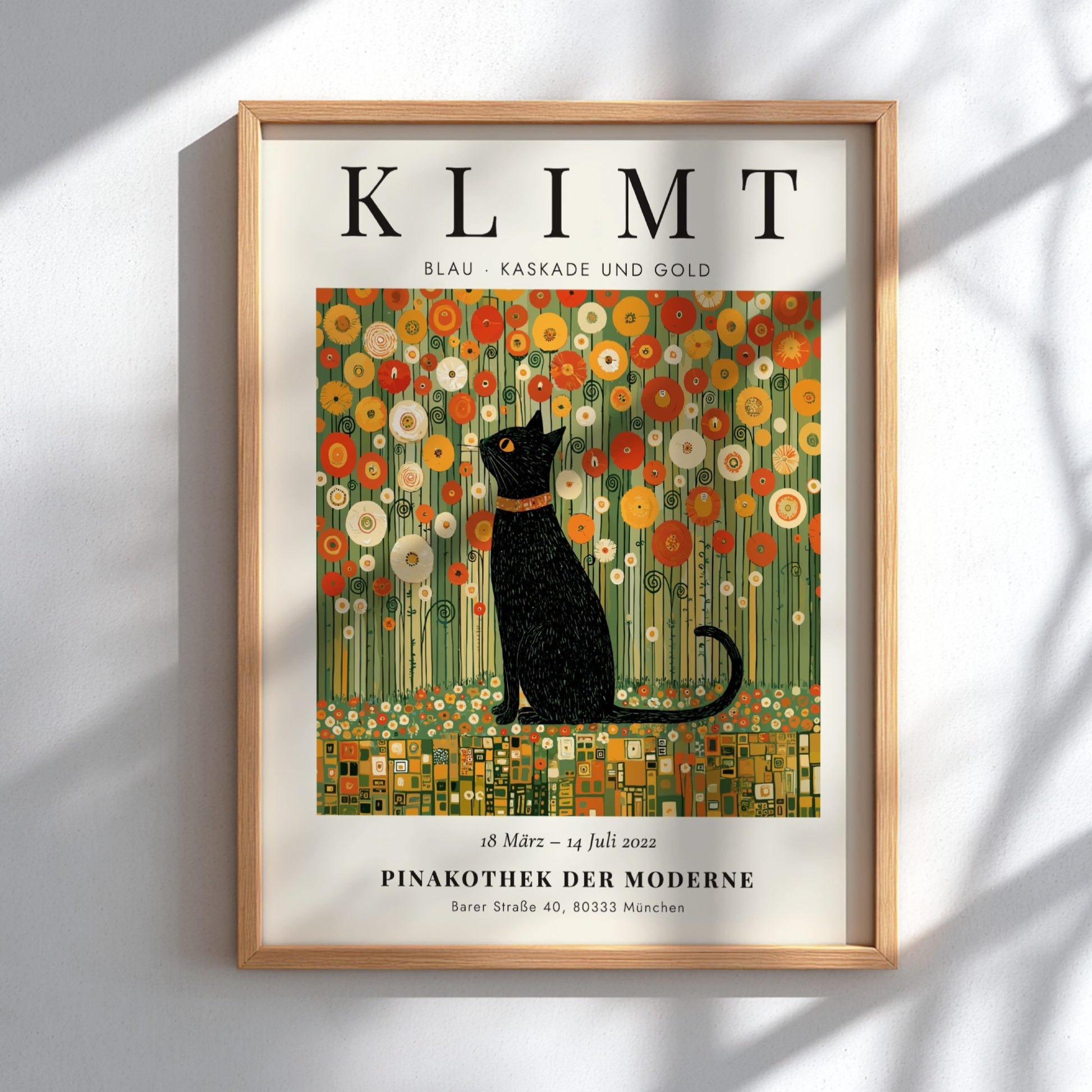 Poster featuring a black cat and golden flowers inspired by Gustav Klimt's style