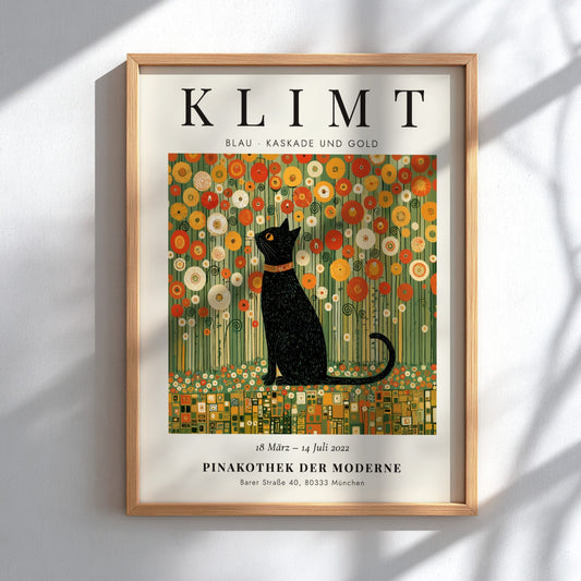 Poster featuring a black cat and golden flowers inspired by Gustav Klimt's style