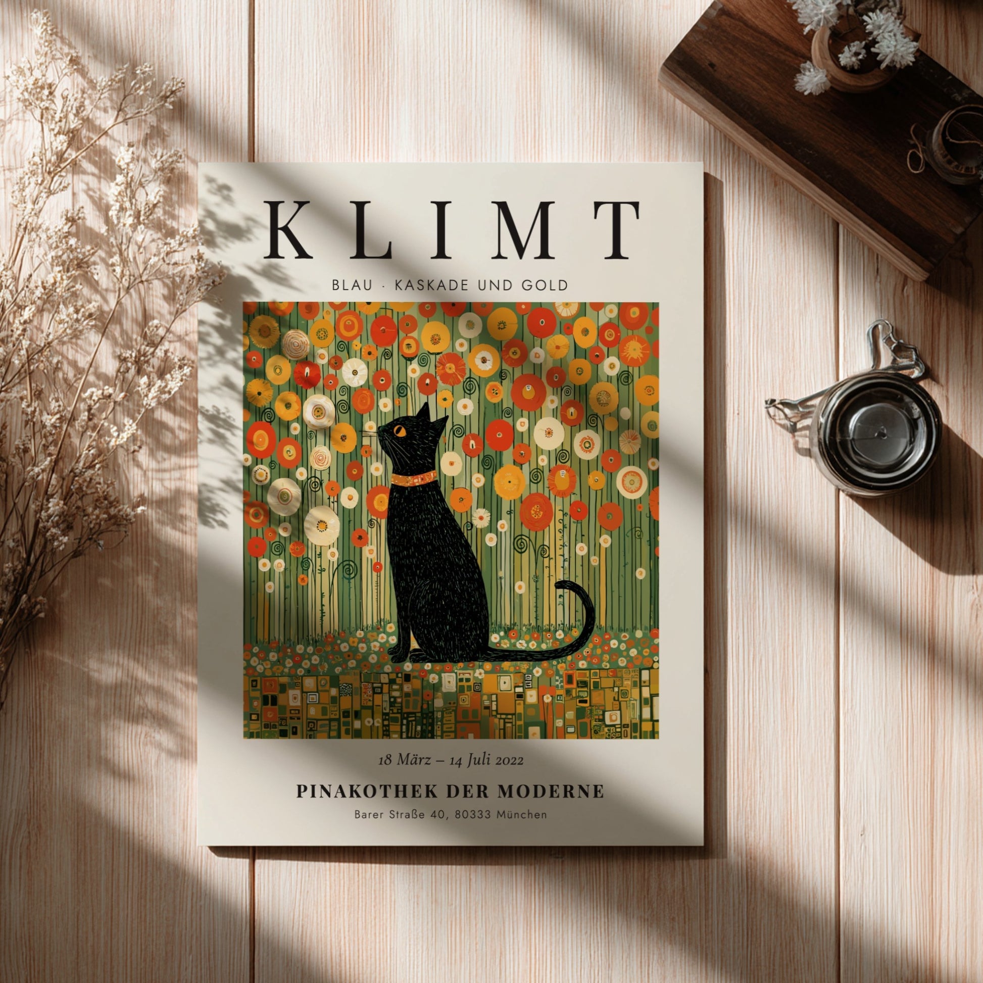 Poster featuring a black cat and golden flowers inspired by Gustav Klimt's style