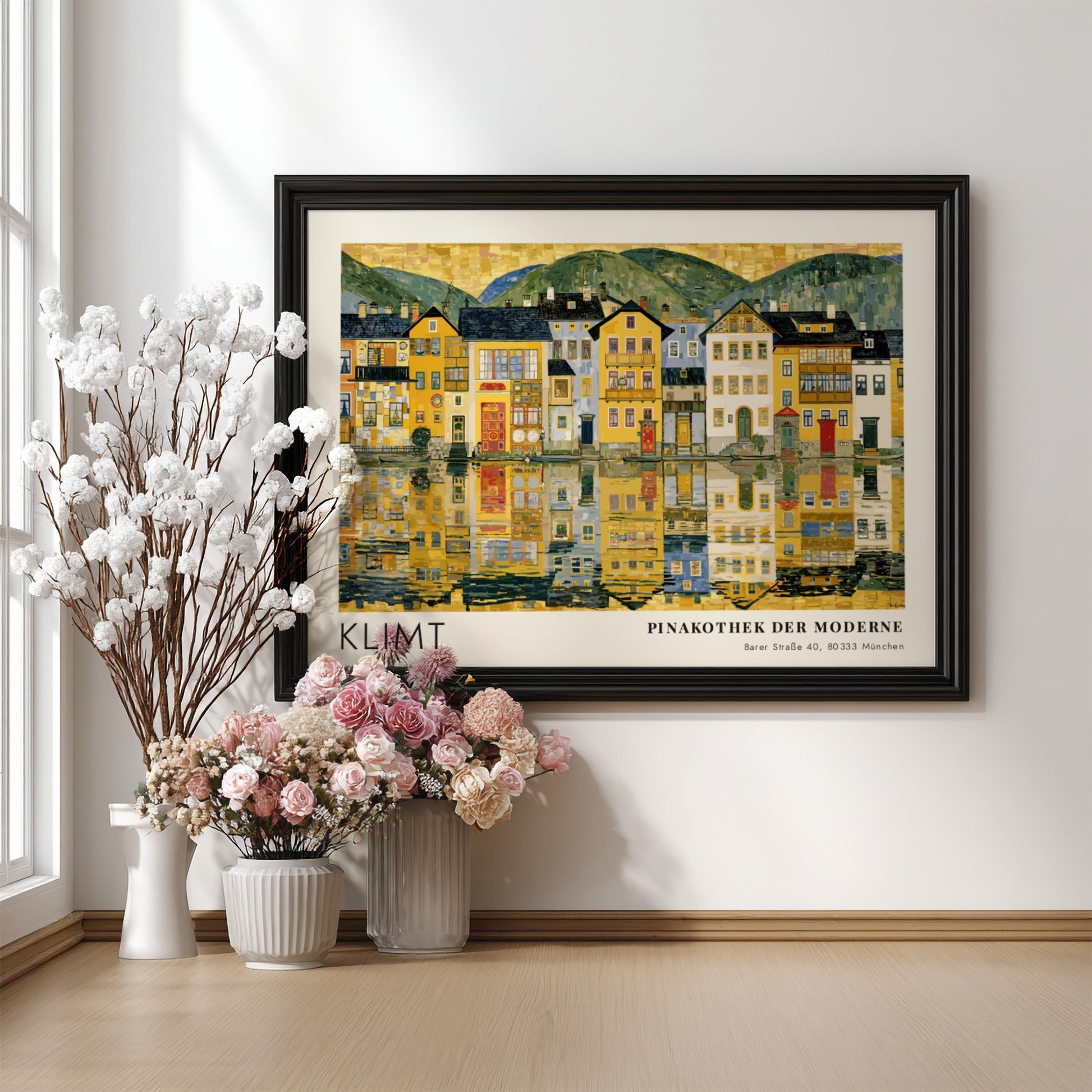 Blau Kaskade und Gold poster featuring Klimt's landscape art with vibrant colors and reflections