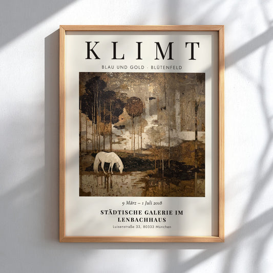 Poster inspired by Gustav Klimt featuring a serene landscape with a white horse in blue and gold tones