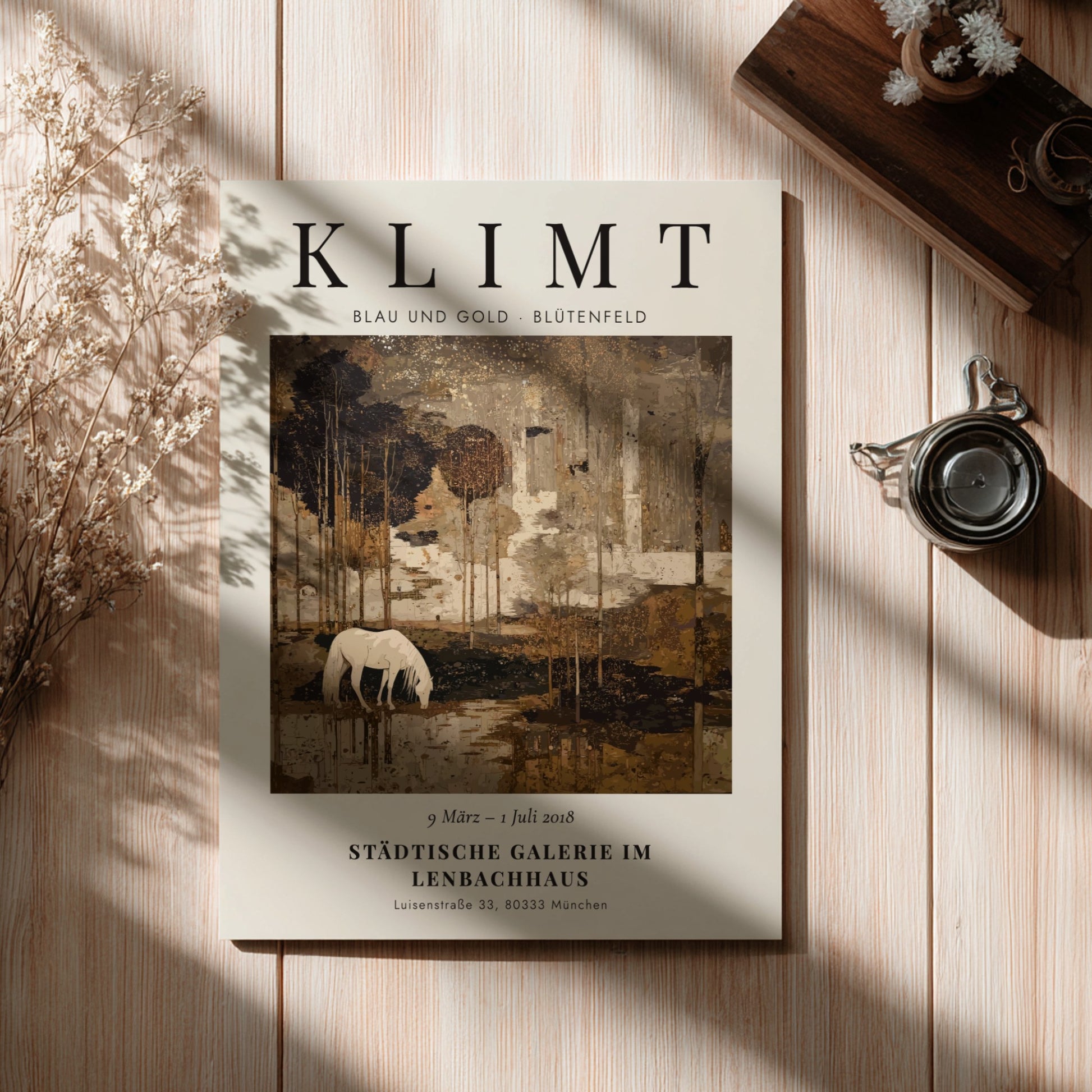 Poster inspired by Gustav Klimt featuring a serene landscape with a white horse in blue and gold tones