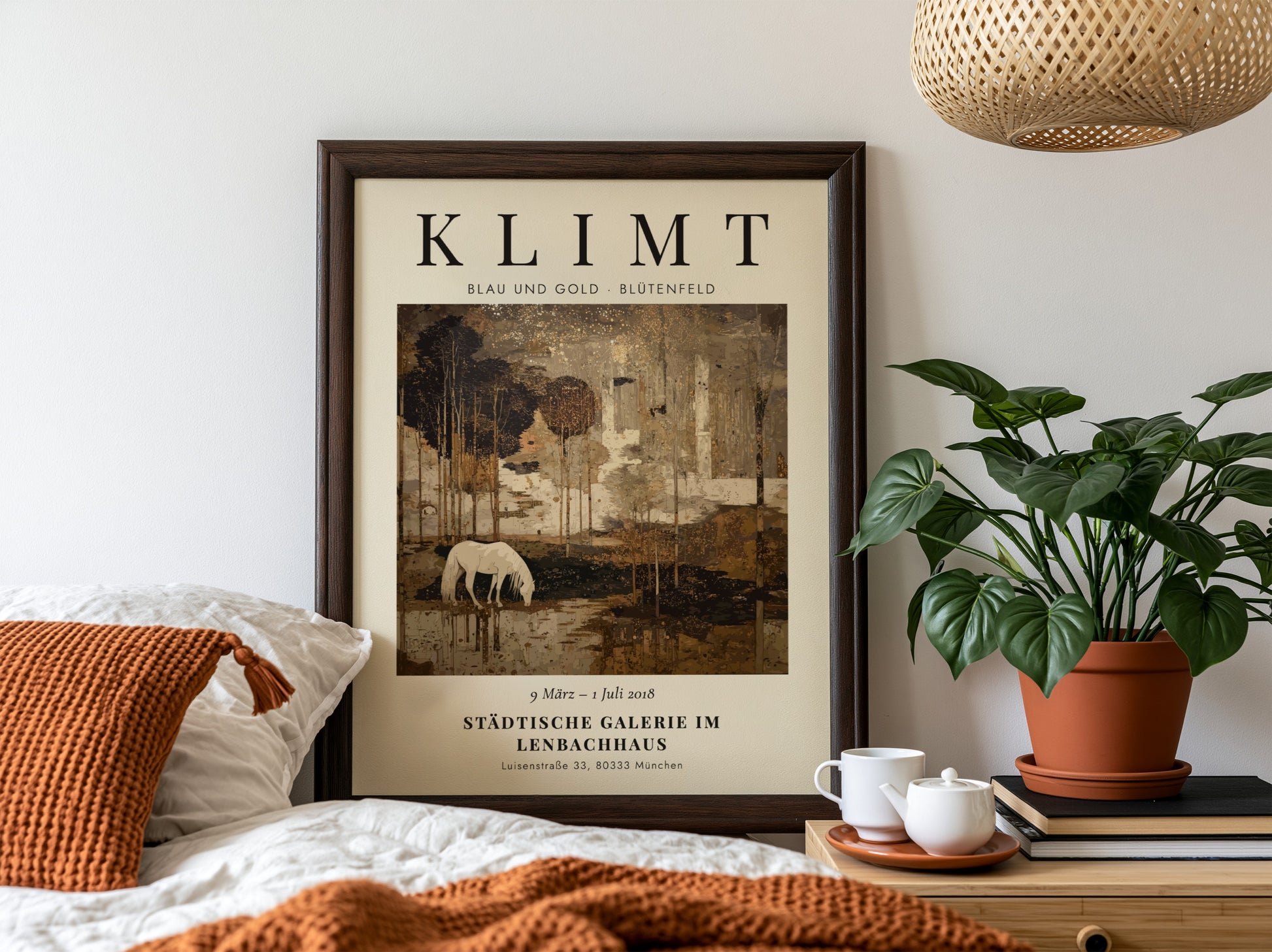 Poster inspired by Gustav Klimt featuring a serene landscape with a white horse in blue and gold tones