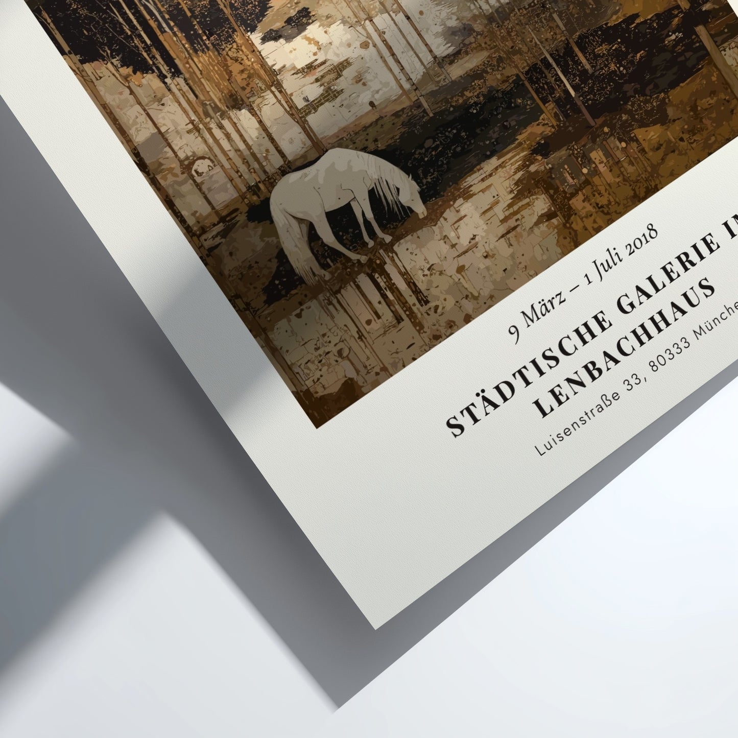 Poster inspired by Gustav Klimt featuring a serene landscape with a white horse in blue and gold tones