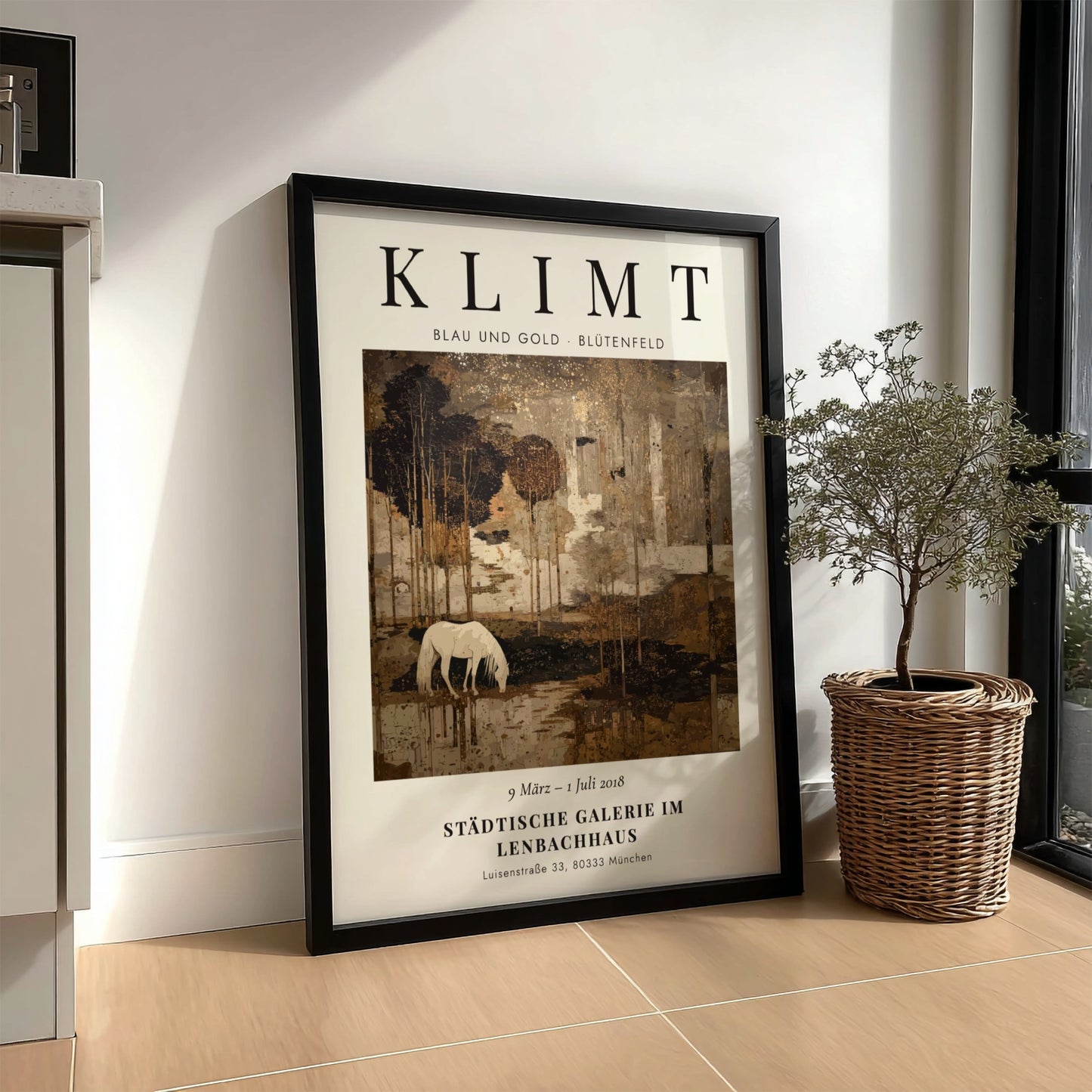 Poster inspired by Gustav Klimt featuring a serene landscape with a white horse in blue and gold tones