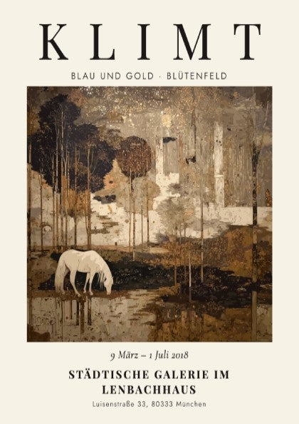 Poster inspired by Gustav Klimt featuring a serene landscape with a white horse in blue and gold tones