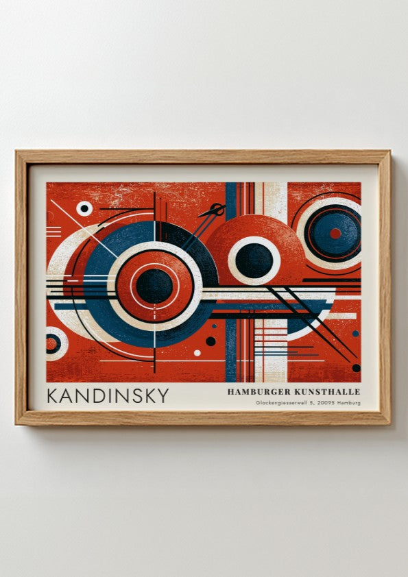 Wall art poster featuring Kandinsky Blaues Segment geometric circles in red and blue tones.