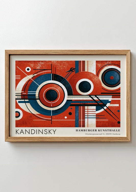Wall art poster featuring Kandinsky Blaues Segment geometric circles in red and blue tones.