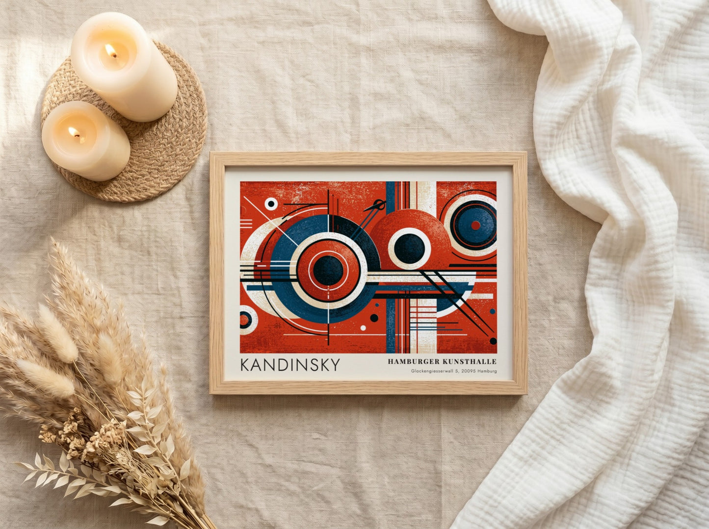 Wall art poster featuring Kandinsky Blaues Segment geometric circles in red and blue tones.