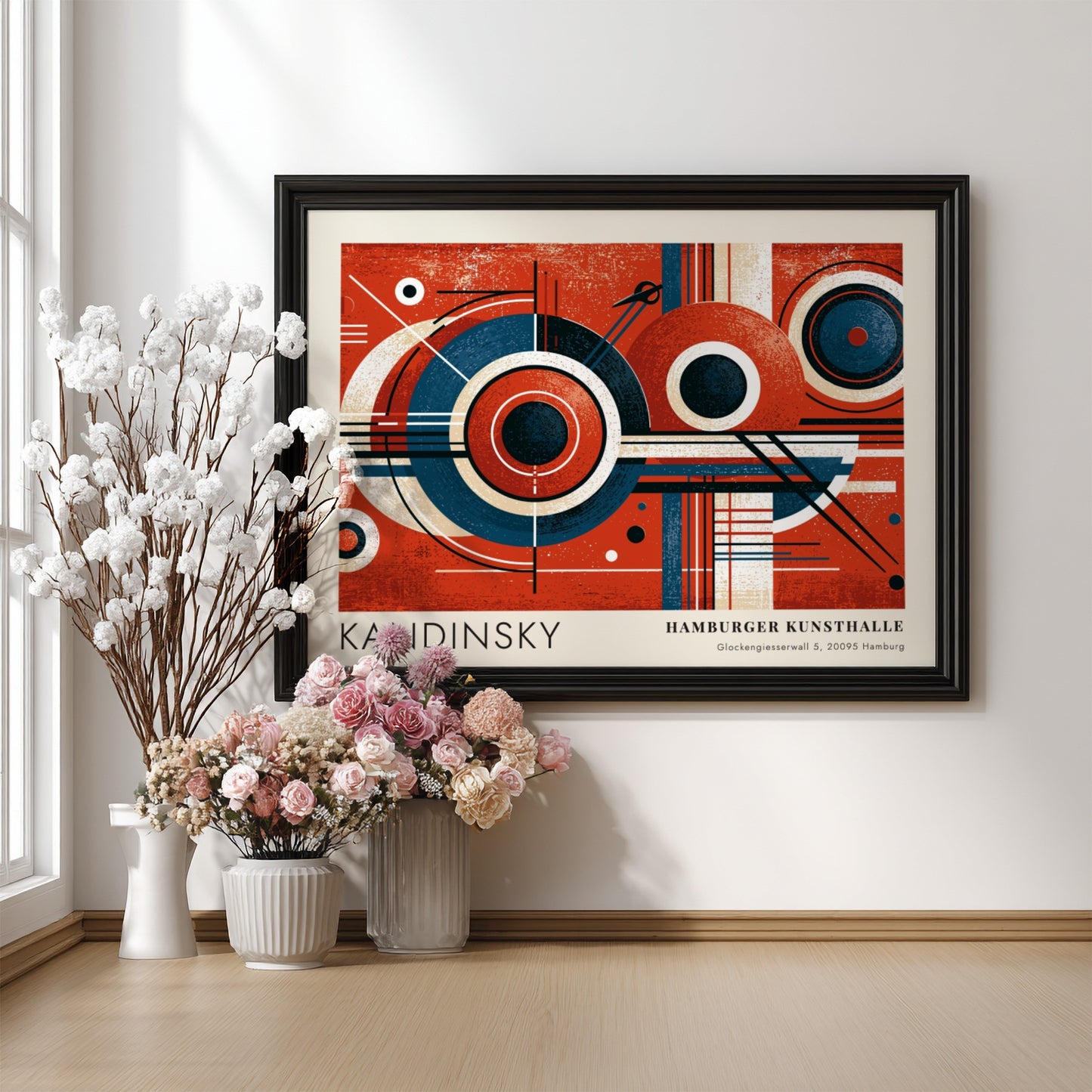 Wall art poster featuring Kandinsky Blaues Segment geometric circles in red and blue tones.
