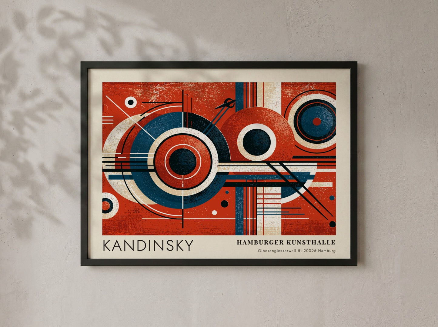 Wall art poster featuring Kandinsky Blaues Segment geometric circles in red and blue tones.