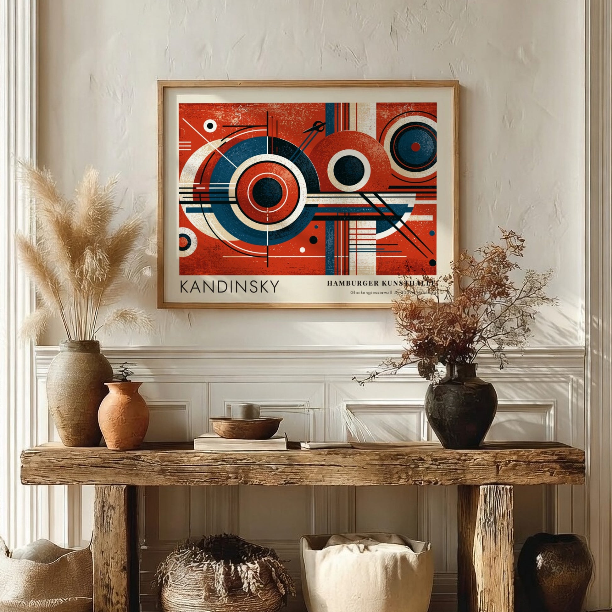 Wall art poster featuring Kandinsky Blaues Segment geometric circles in red and blue tones.
