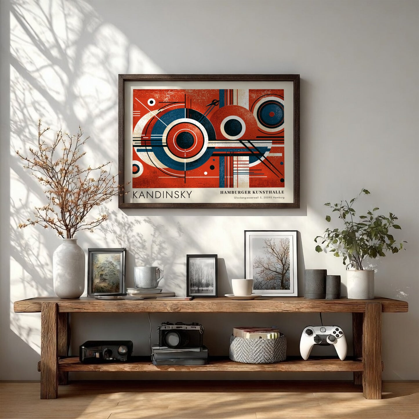 Wall art poster featuring Kandinsky Blaues Segment geometric circles in red and blue tones.