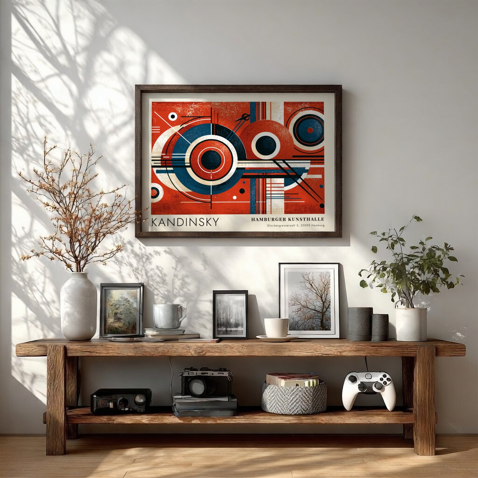 Wall art poster featuring Kandinsky Blaues Segment geometric circles in red and blue tones.