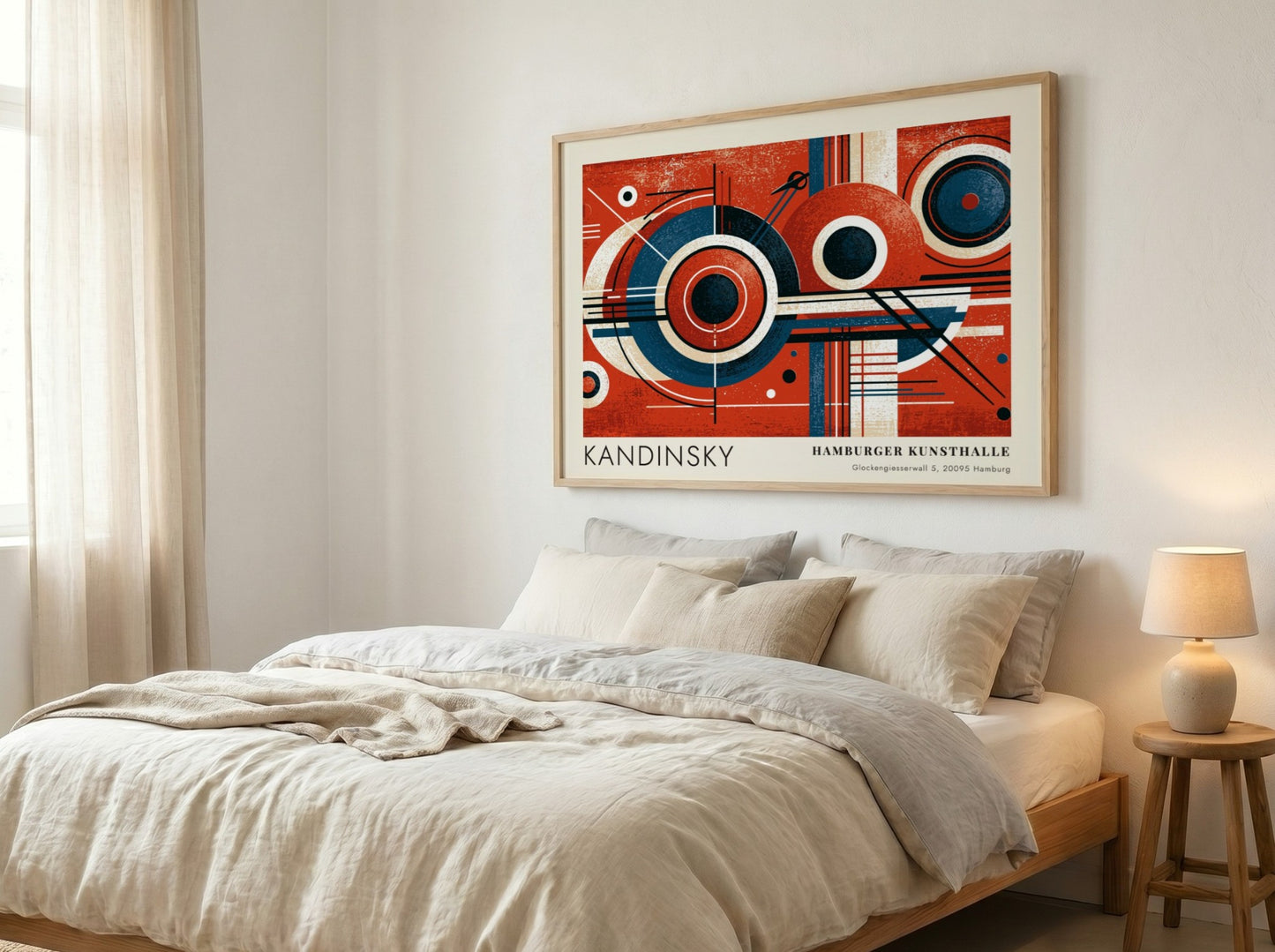 Wall art poster featuring Kandinsky Blaues Segment geometric circles in red and blue tones.
