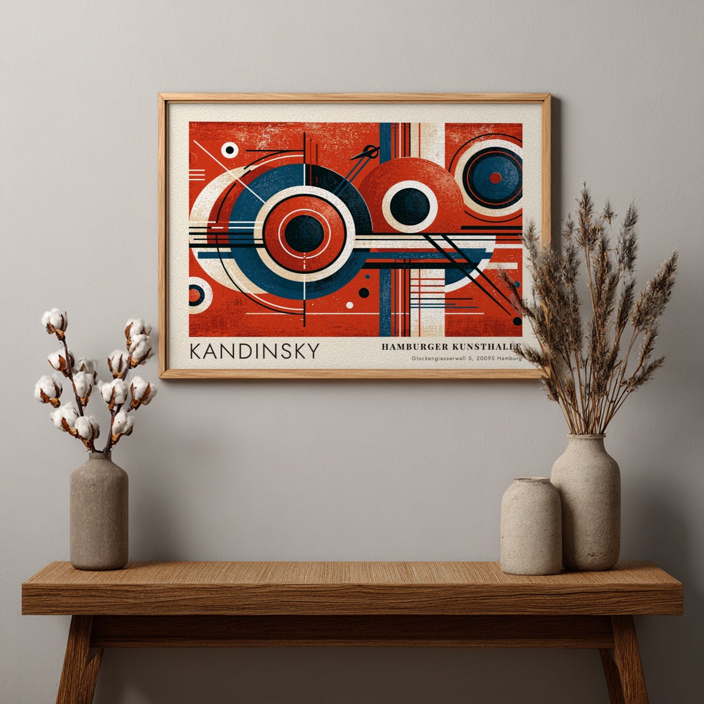 Wall art poster featuring Kandinsky Blaues Segment geometric circles in red and blue tones.