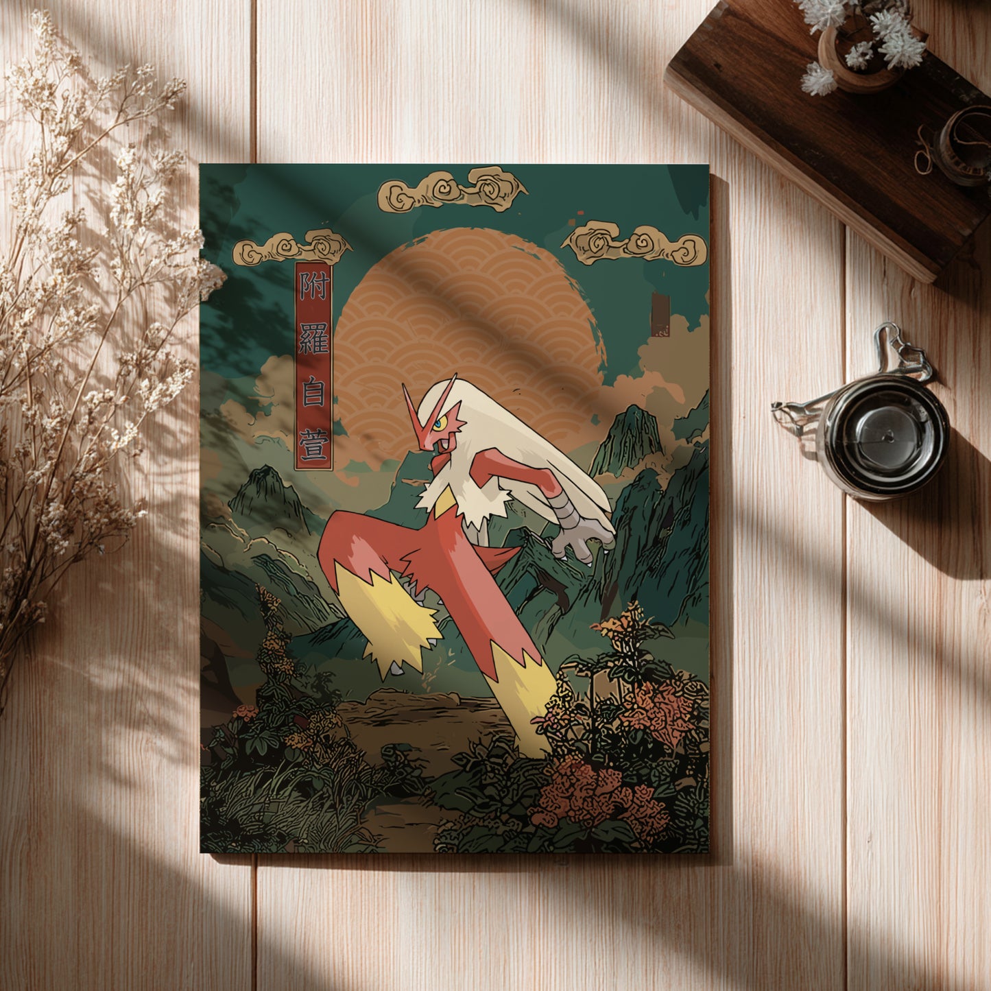 Artistic depiction of Blaziken Pokemon in a natural setting on a wooden surface.