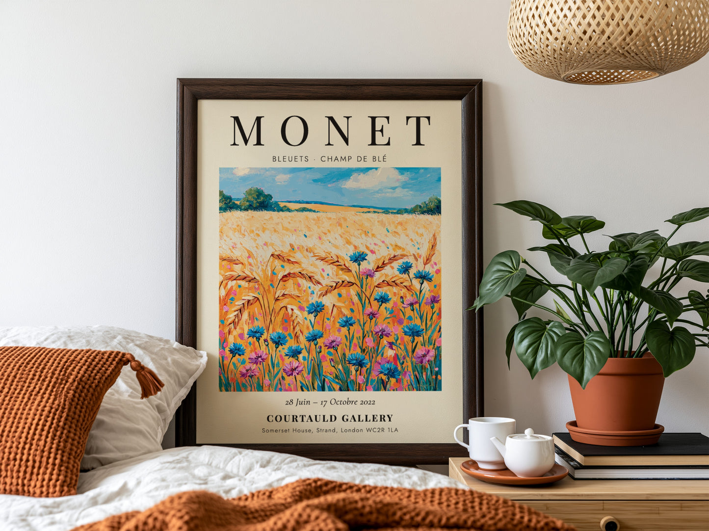Monet inspired poster featuring vibrant wildflowers in blue and gold tones, perfect for home decor.