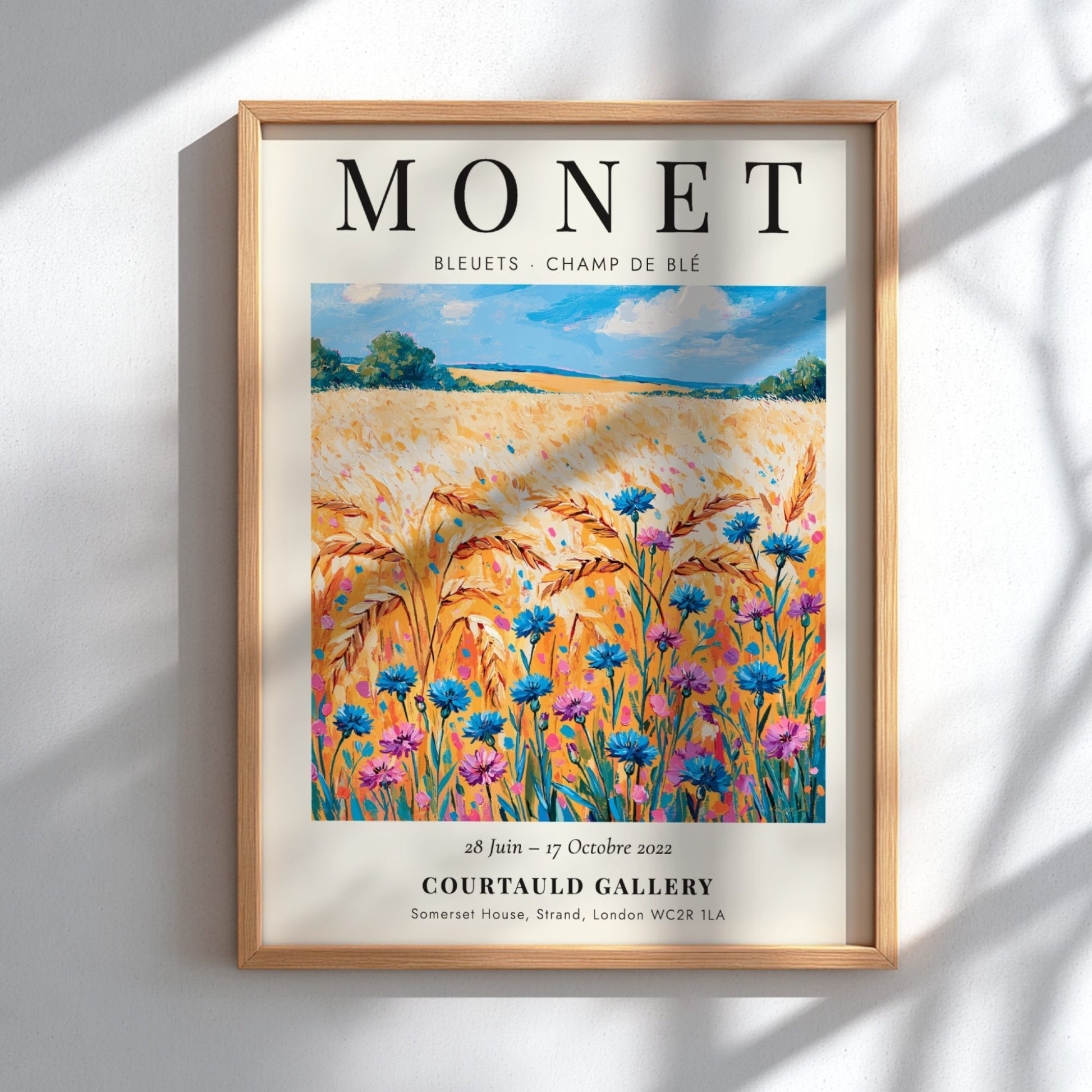 Monet inspired poster featuring vibrant wildflowers in blue and gold tones, perfect for home decor.