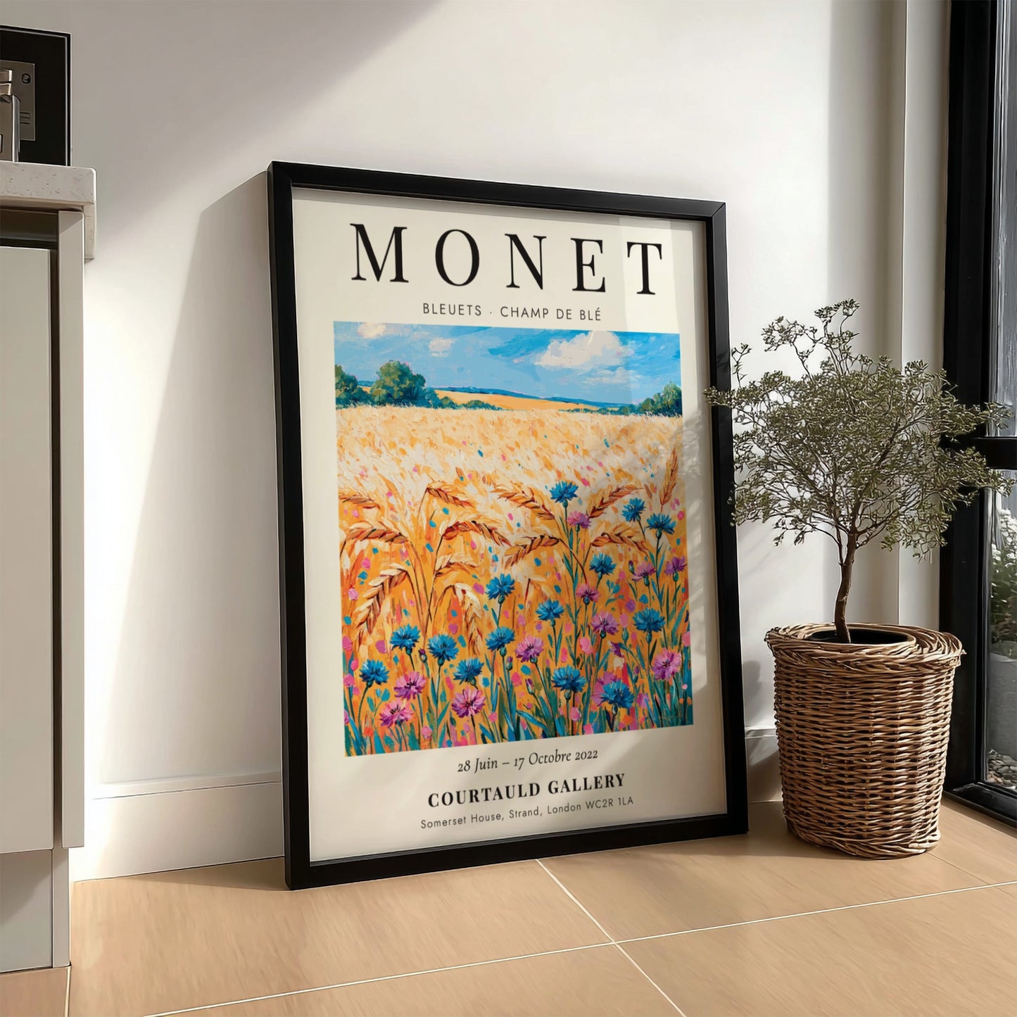 Monet inspired poster featuring vibrant wildflowers in blue and gold tones, perfect for home decor.