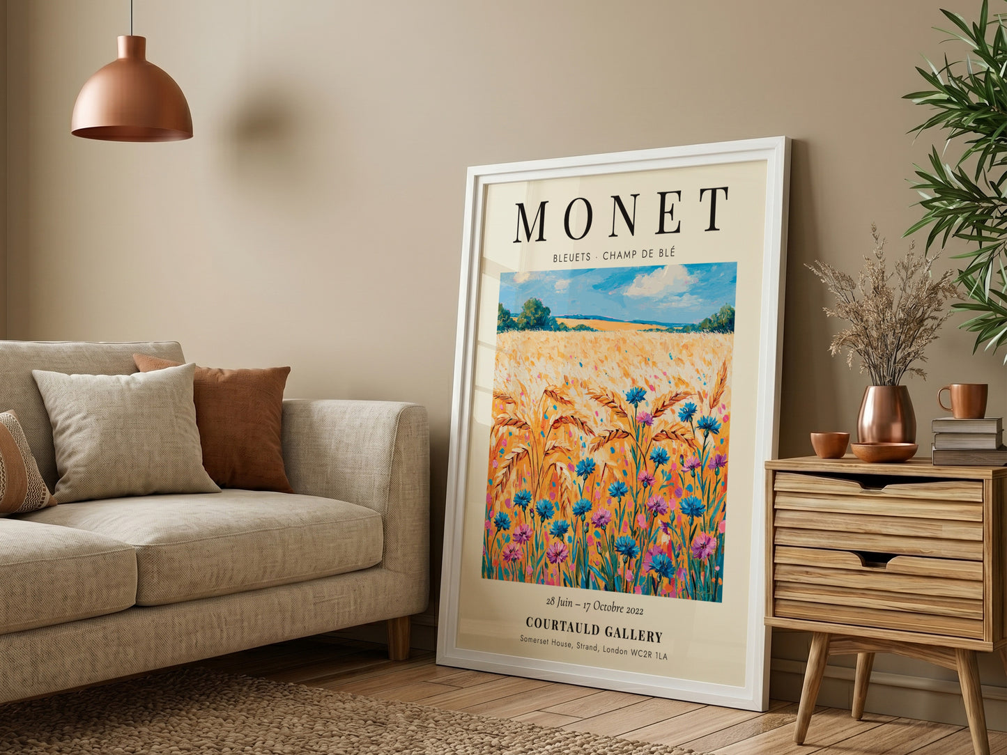 Monet inspired poster featuring vibrant wildflowers in blue and gold tones, perfect for home decor.