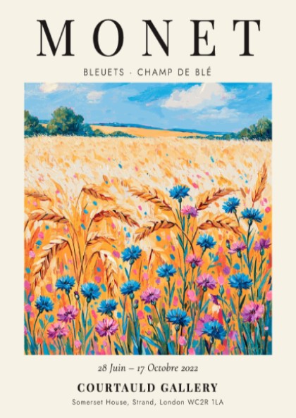 Monet inspired poster featuring vibrant wildflowers in blue and gold tones, perfect for home decor.