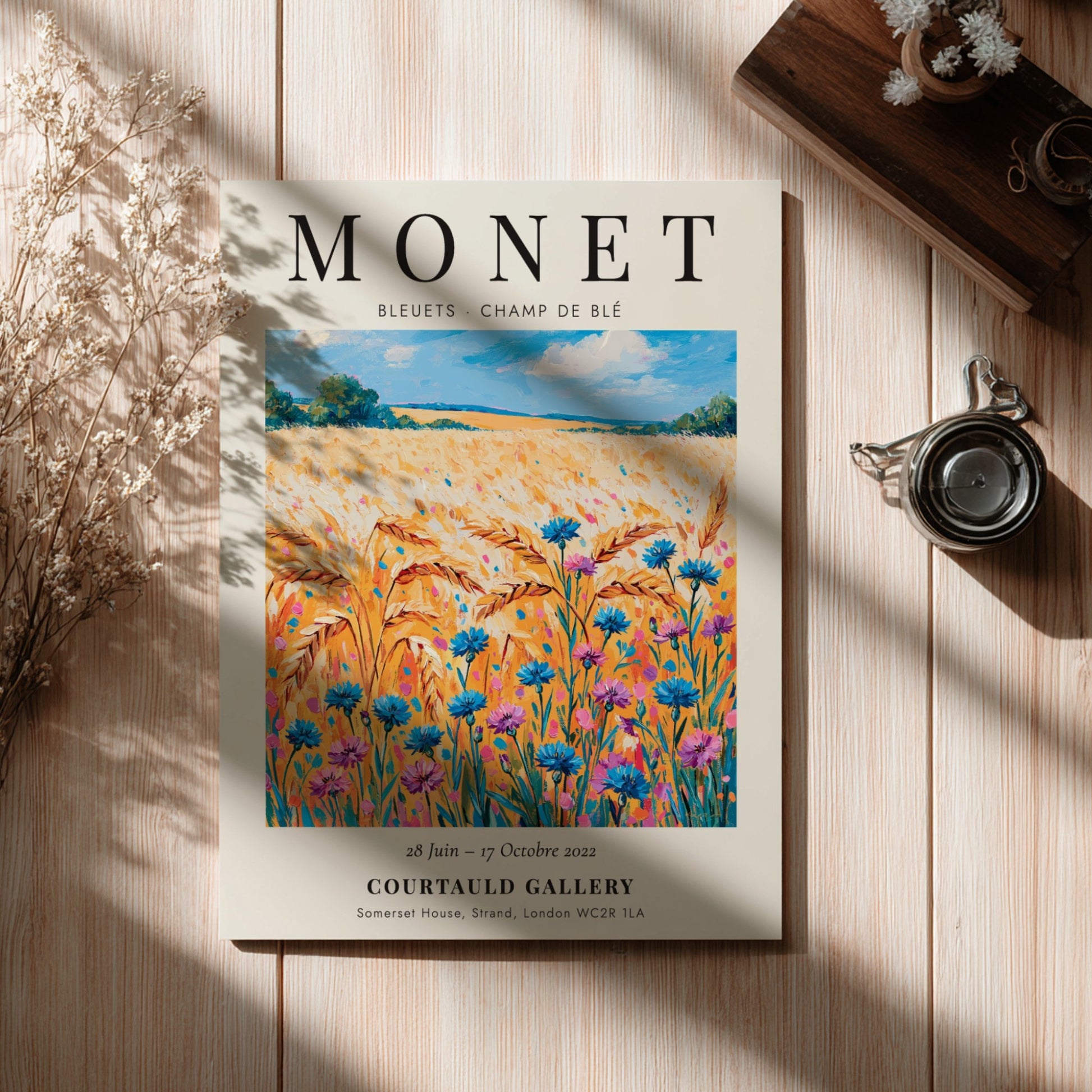 Monet inspired poster featuring vibrant wildflowers in blue and gold tones, perfect for home decor.