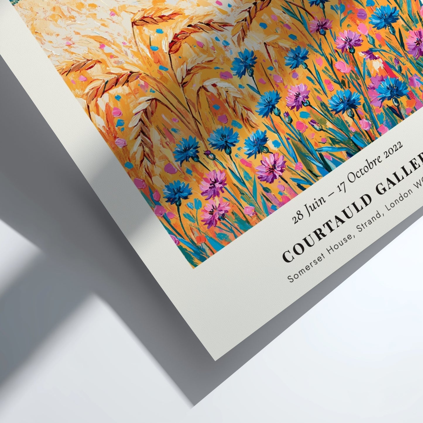 Monet inspired poster featuring vibrant wildflowers in blue and gold tones, perfect for home decor.