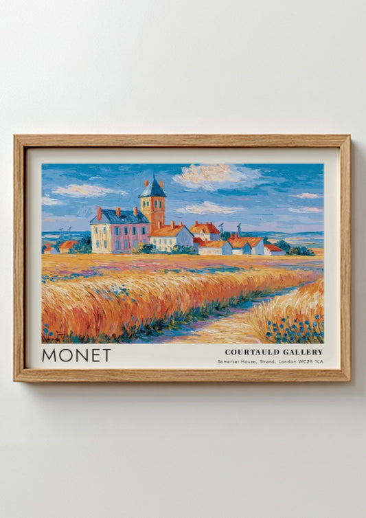 Bleuets - Champ de Blé poster featuring vibrant wheat fields and blue sky in Monet's impressionistic style