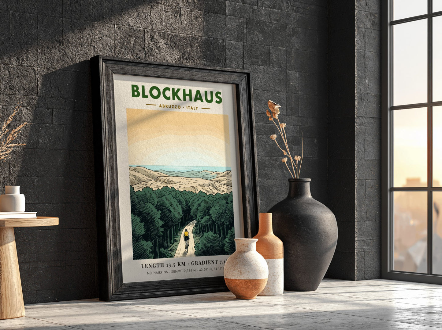 Poster featuring a lone cyclist riding up a winding mountain road in Blockhaus Italy.