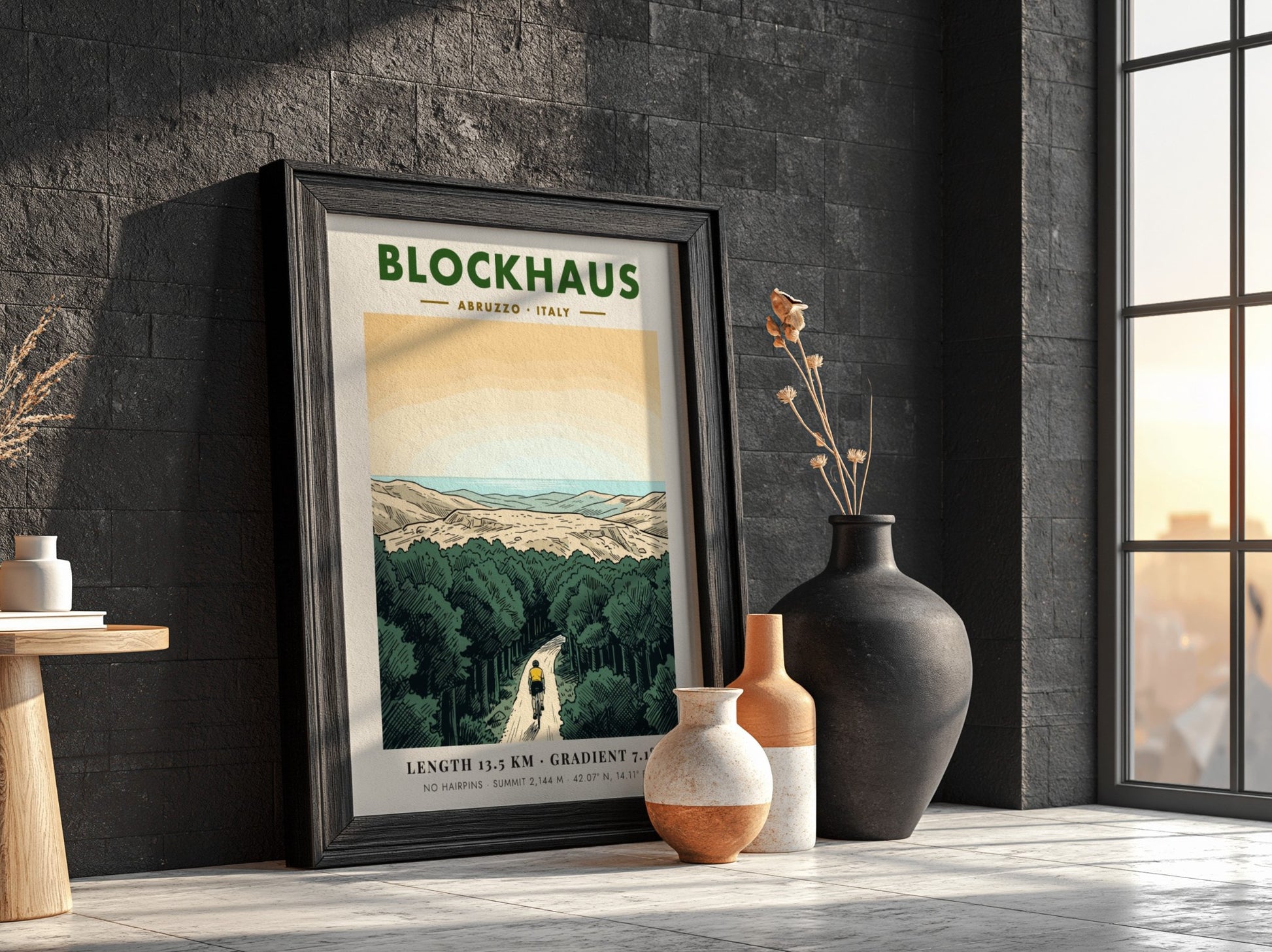 Poster featuring a lone cyclist riding up a winding mountain road in Blockhaus Italy.