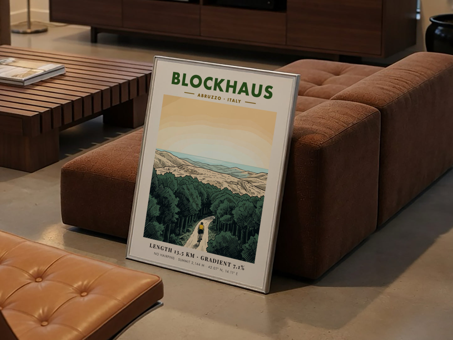 Poster featuring a lone cyclist riding up a winding mountain road in Blockhaus Italy.