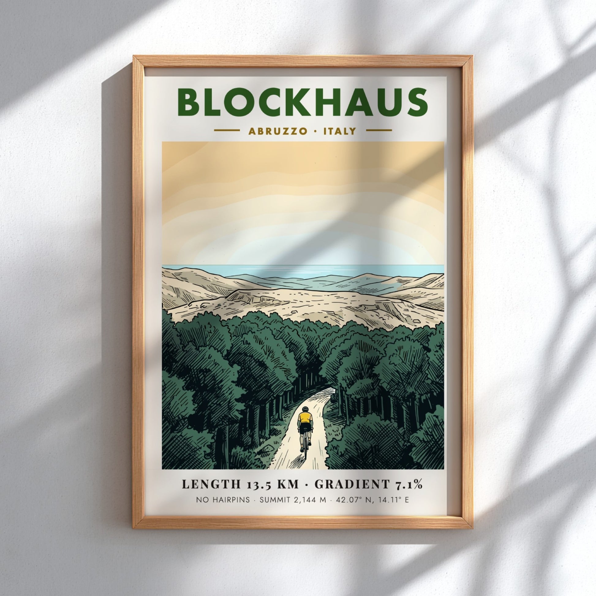Poster featuring a lone cyclist riding up a winding mountain road in Blockhaus Italy.
