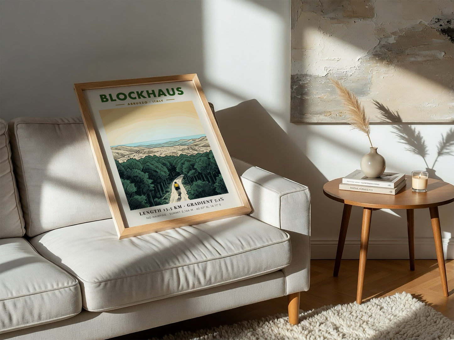 Poster featuring a lone cyclist riding up a winding mountain road in Blockhaus Italy.