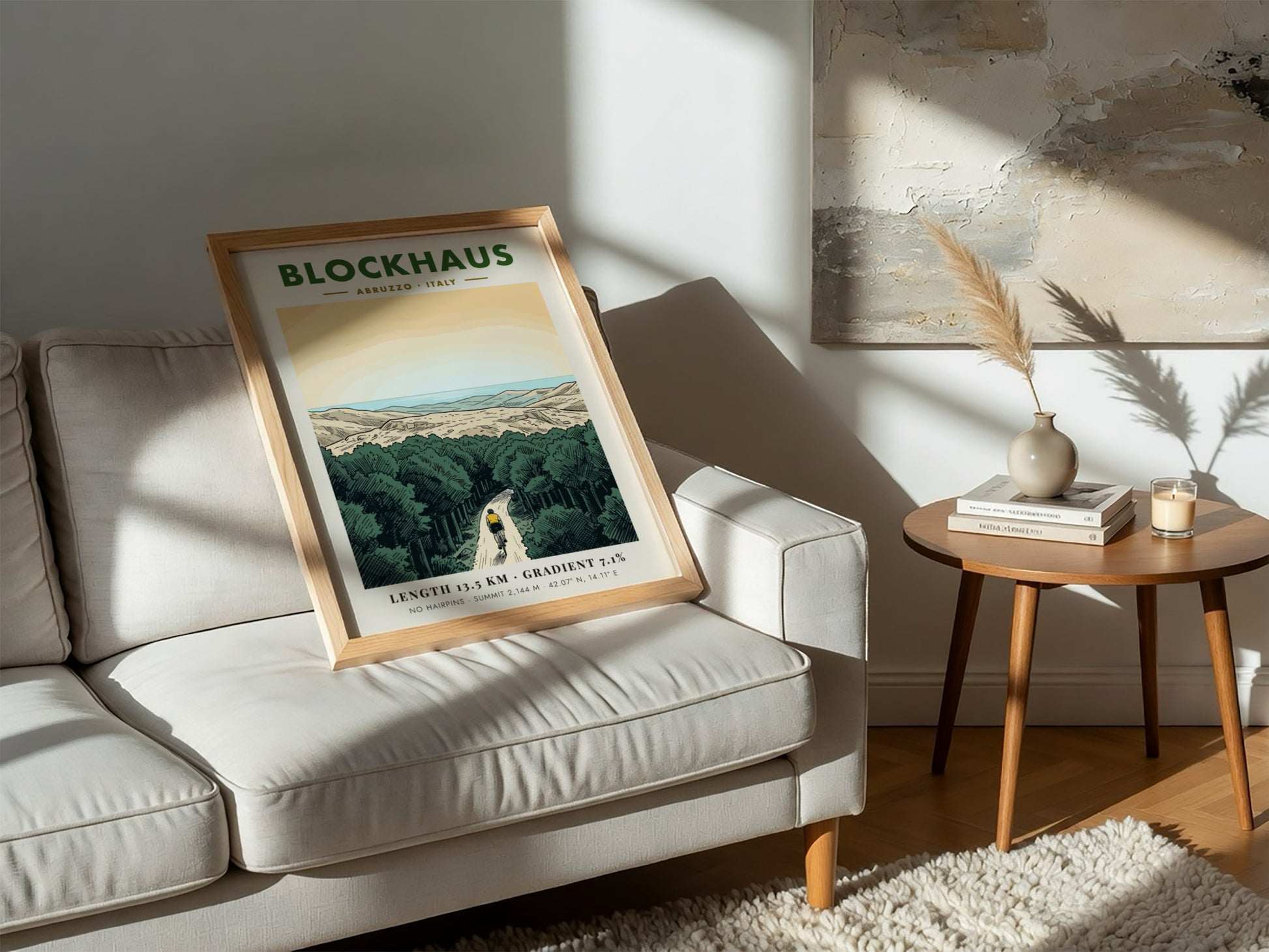 Poster featuring a lone cyclist riding up a winding mountain road in Blockhaus Italy.