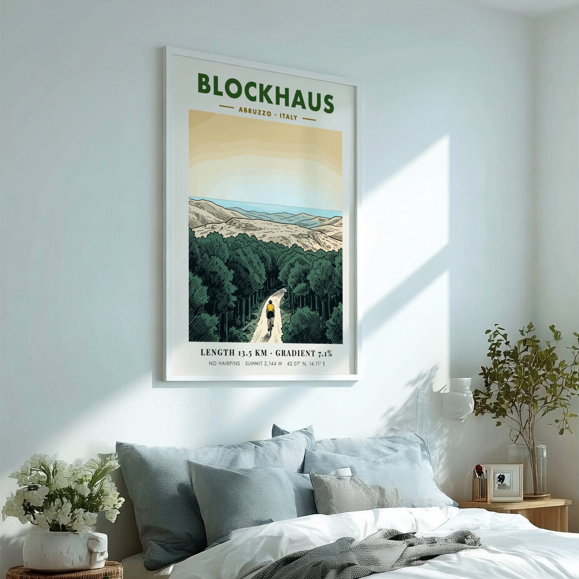 Poster featuring a lone cyclist riding up a winding mountain road in Blockhaus Italy.