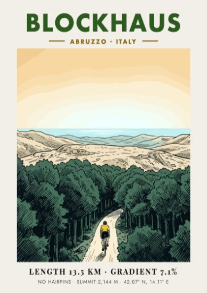 Poster featuring a lone cyclist riding up a winding mountain road in Blockhaus Italy.