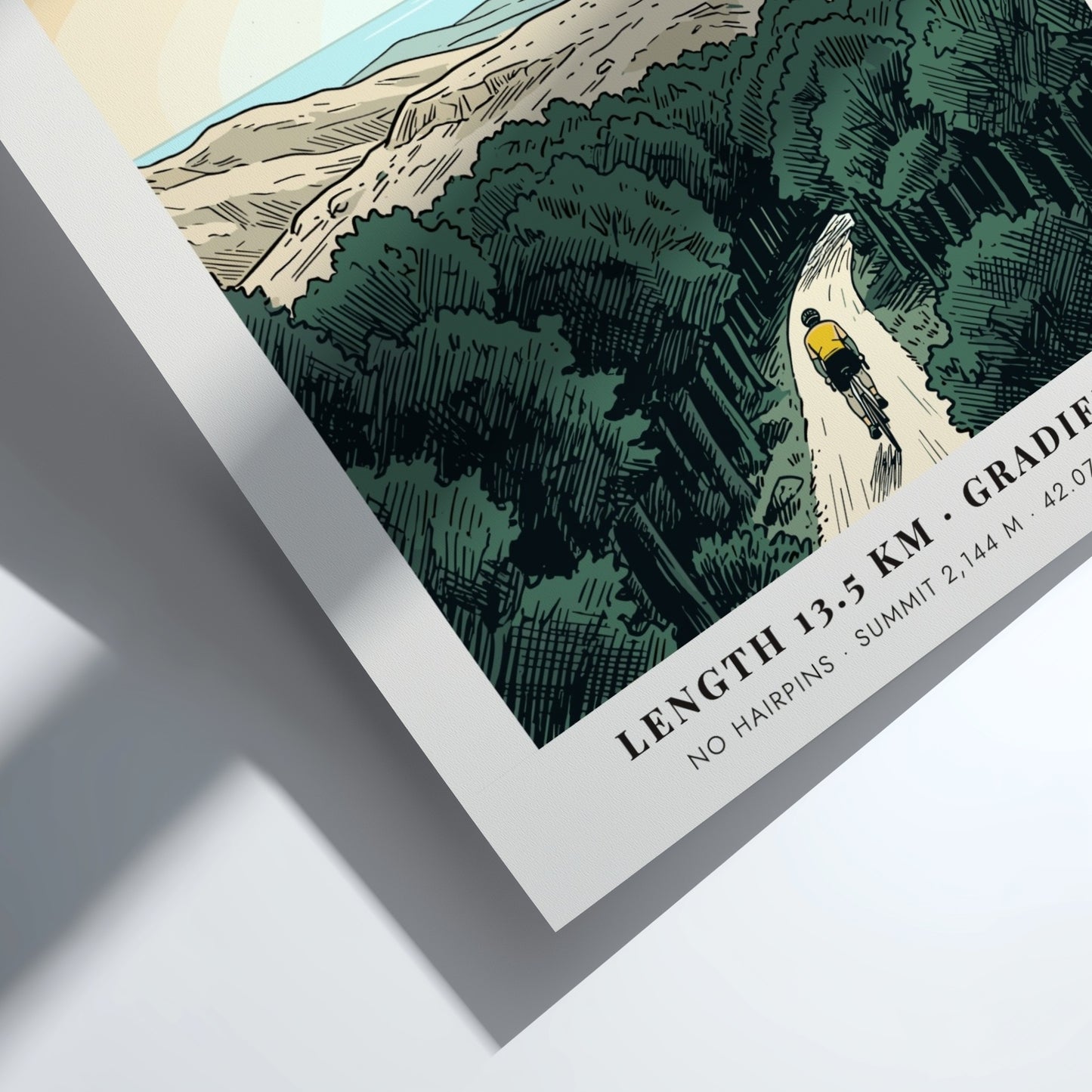 Poster featuring a lone cyclist riding up a winding mountain road in Blockhaus Italy.