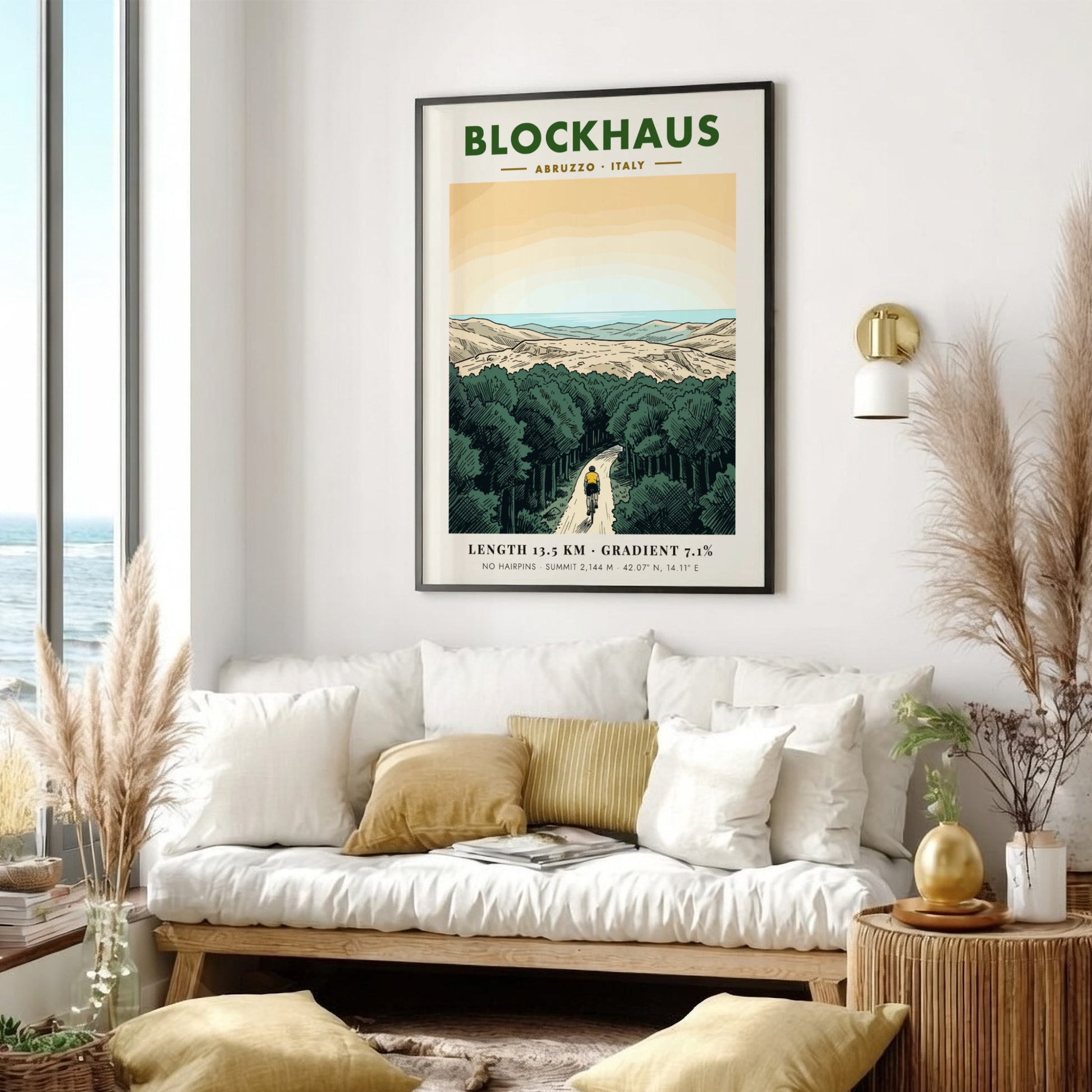 Poster featuring a lone cyclist riding up a winding mountain road in Blockhaus Italy.