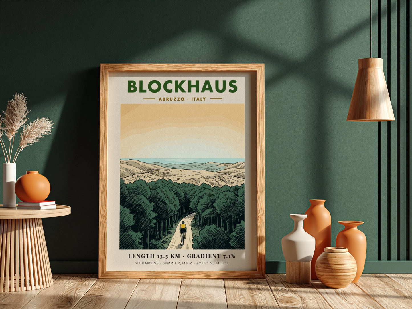 Poster featuring a lone cyclist riding up a winding mountain road in Blockhaus Italy.