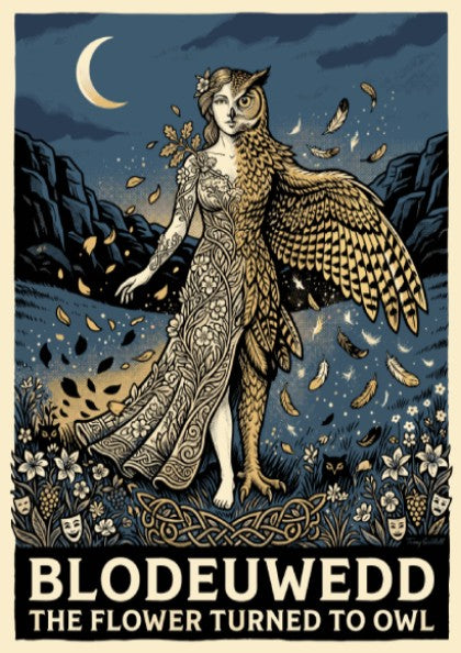 Poster of Blodeuwedd featuring a woman morphing into an owl with floral details