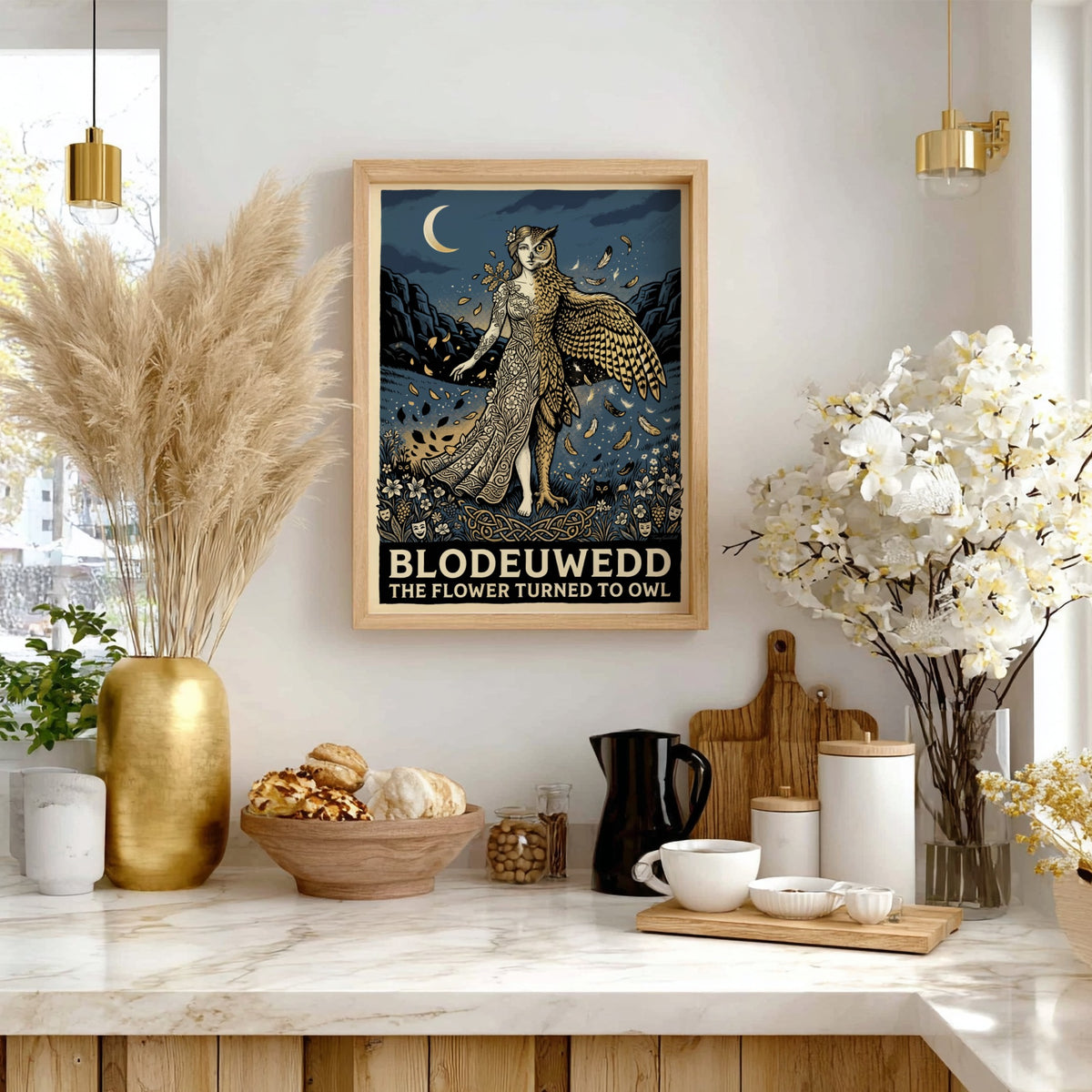 Poster of Blodeuwedd featuring a woman morphing into an owl with floral details