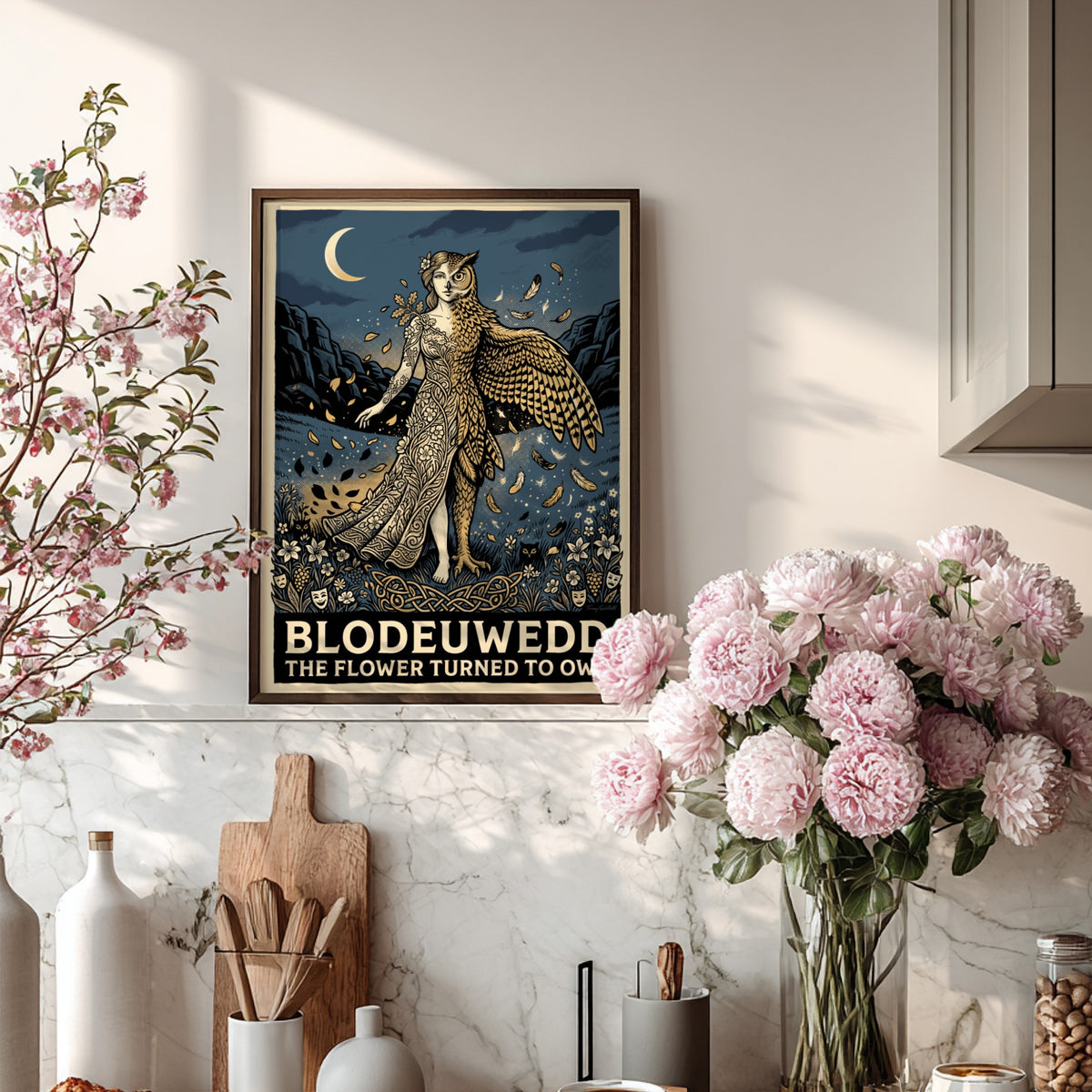 Poster of Blodeuwedd featuring a woman morphing into an owl with floral details