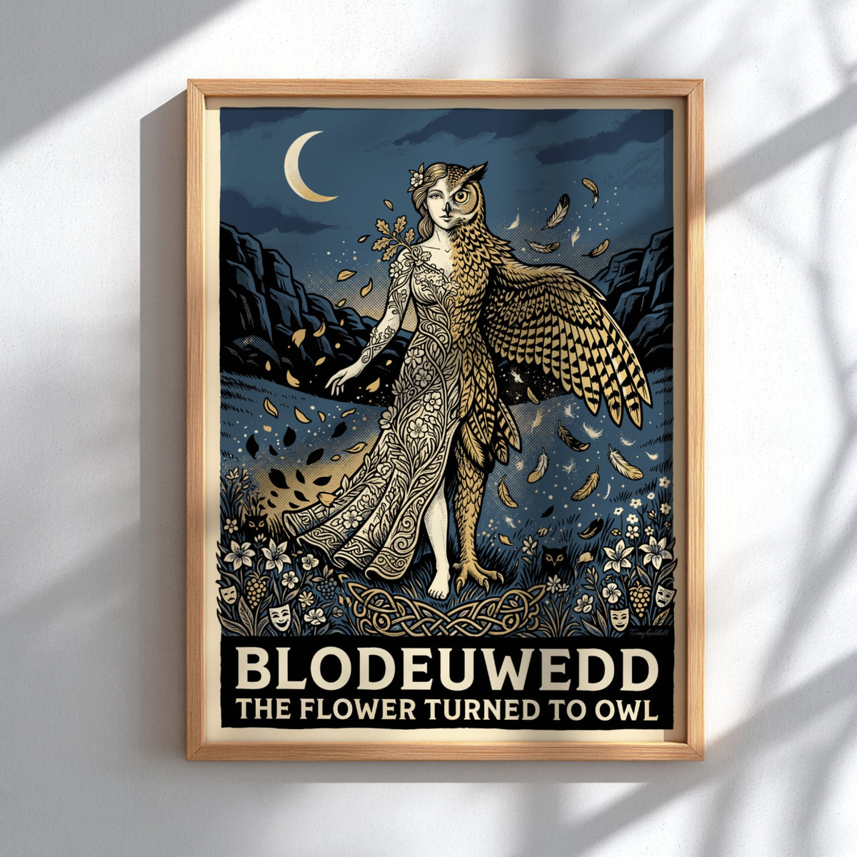 Poster of Blodeuwedd featuring a woman morphing into an owl with floral details
