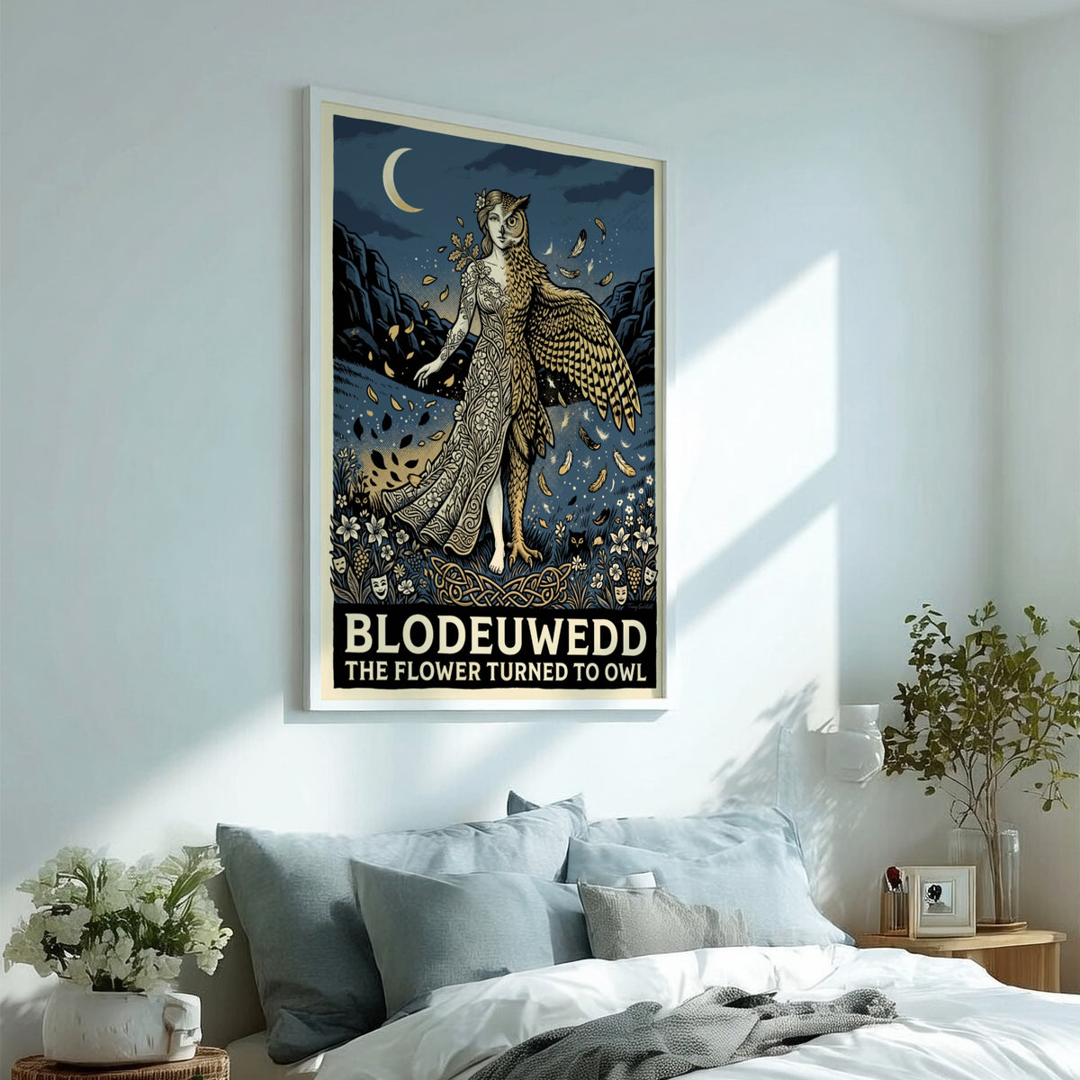 Poster of Blodeuwedd featuring a woman morphing into an owl with floral details